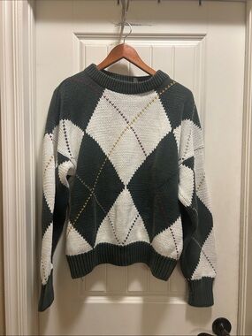 Vintage 90s Structure Green and White Argyle Crewneck Sweater